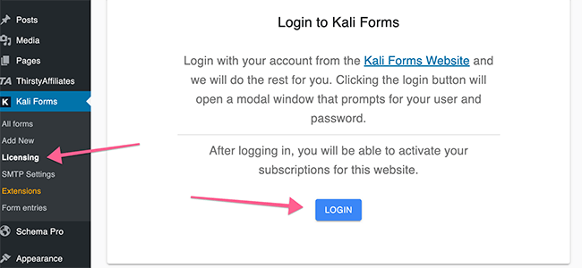 Inicie sesión en Kali Forms a través de la licencia