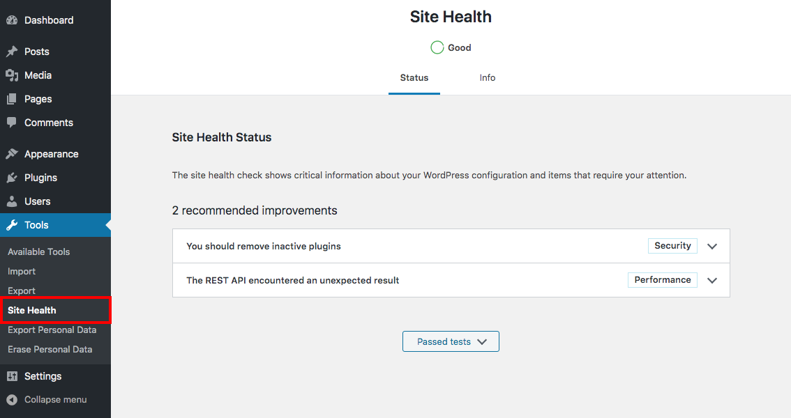 Salud del sitio de WordPress - API REST