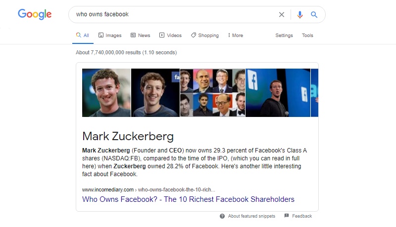 Búsqueda por voz de Google para quién es el propietario de Facebook