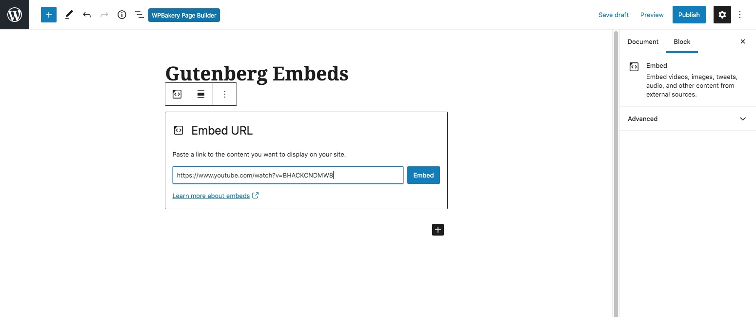 WordPress oEmbed Gutenberg Block