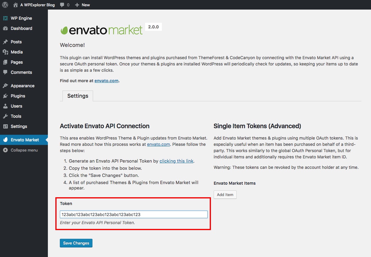 Pega tu token de API de Envato