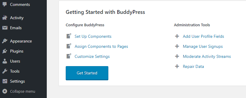 Pantalla de bienvenida de BuddyPress