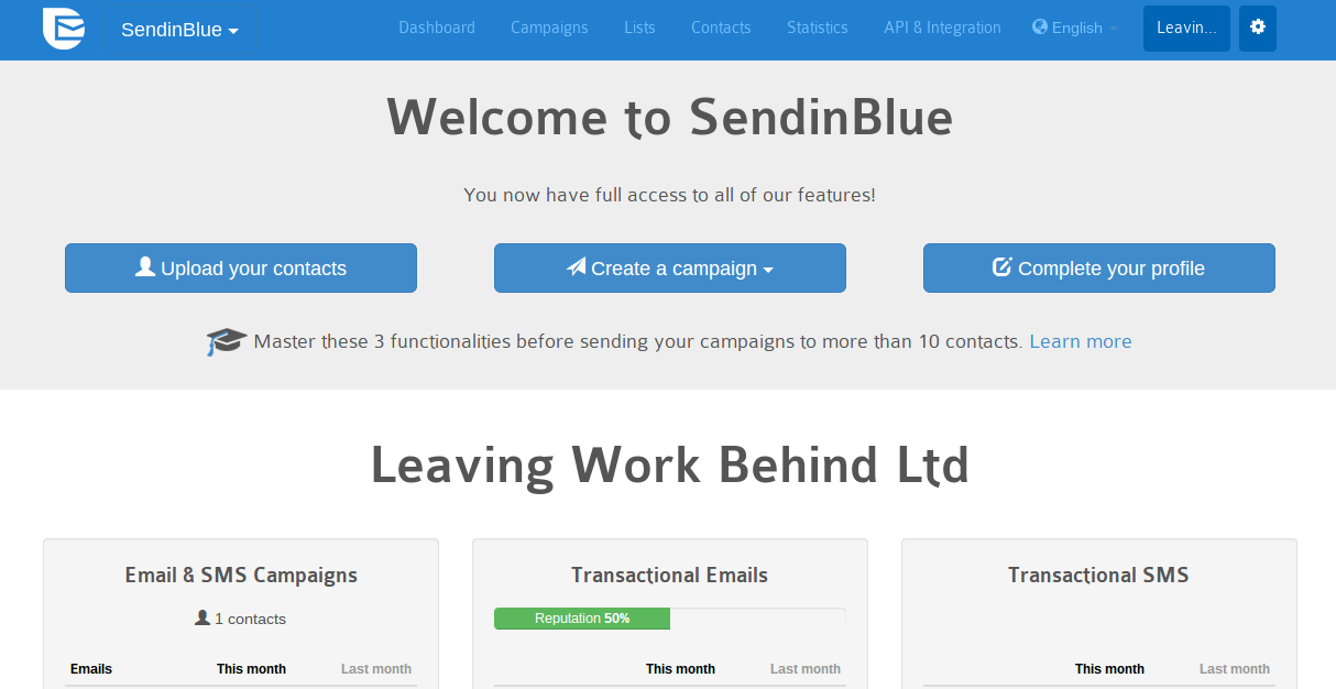 Panel de control de SendinBlue