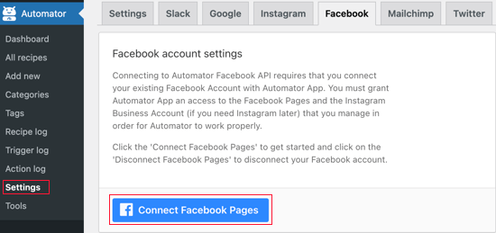 Haga clic en el botón Conectar páginas de Facebook