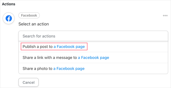 Seleccione la opción que dice 'Publicar una publicación en una página de Facebook
