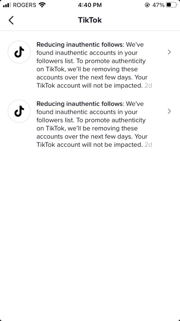 dos mensajes de TikTok a la cuenta de TikTok del autor sobre "reducir los seguimientos no auténticos"