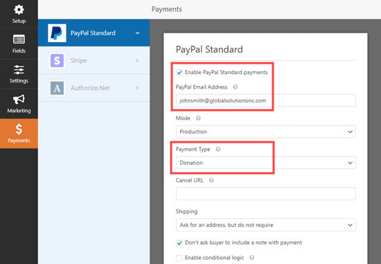 Habilitación de pagos de PayPal para su formulario en WPForms