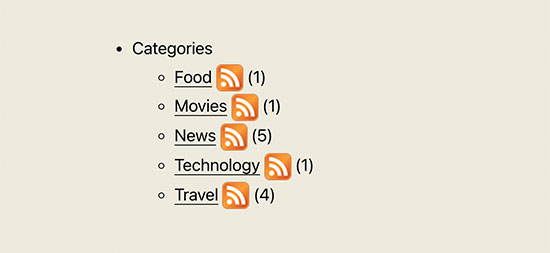 Lista de categorías con el icono de suscripción a la fuente RSS