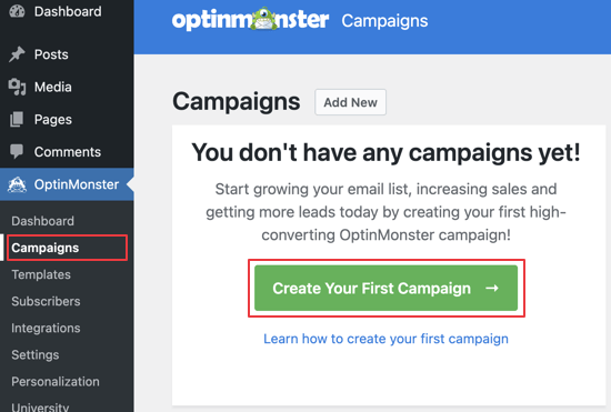 Navegue a la página de campañas de OptinMonster