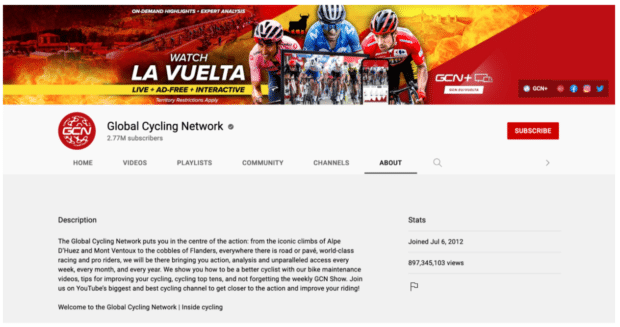 Llamada a la acción del banner de YouTube de Global Cycling Network