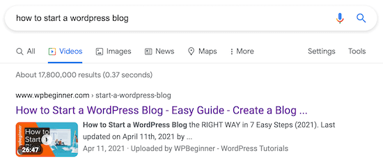 Página de resultados de búsqueda de video SEO de WordPress