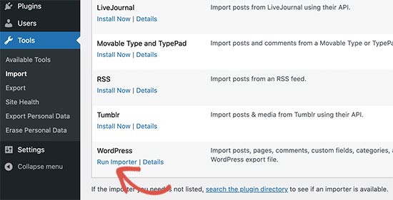 Ejecutar el importador de WordPress