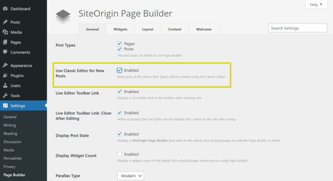 Configuración de SiteOrigin Page Builder