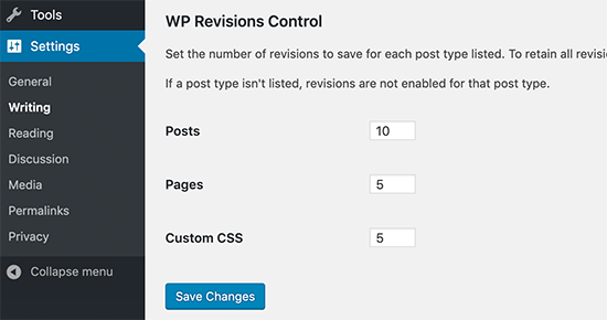 Configuración de WP Revisions Control