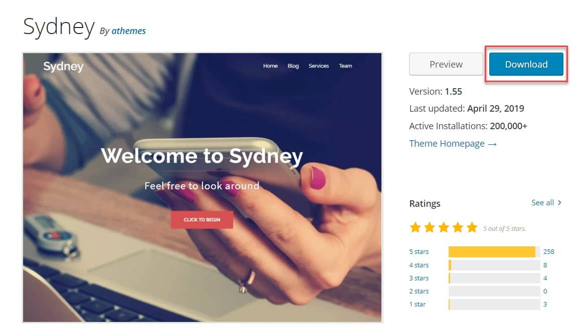 Sydney descargar desde el repositorio de WordPress