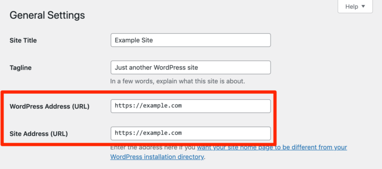 Comprobación de la dirección de WordPress y la dirección del sitio.