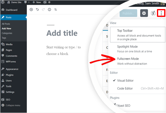 Seleccione el modo de pantalla completa en el editor de publicaciones de WordPress