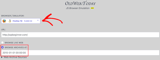 Oldweb.today ingrese la URL del sitio web