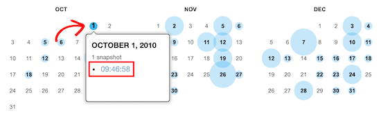 Vista de calendario de Wayback Machine