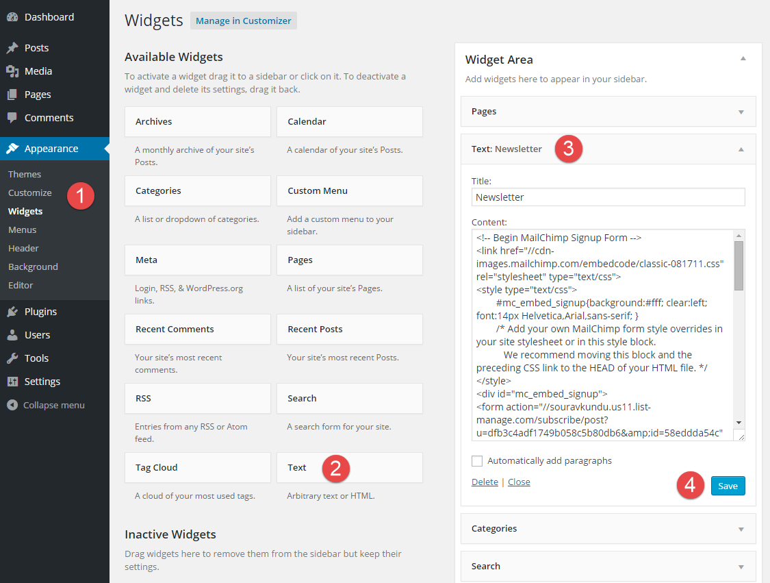 Secuencia de pasos para incrustar el formulario de registro de MailChimp en un widget en WordPress