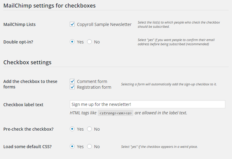 MailChimp para WordPress - página de opciones de casillas de verificación