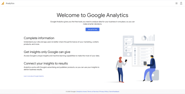 La página de inicio de Google Analytics.