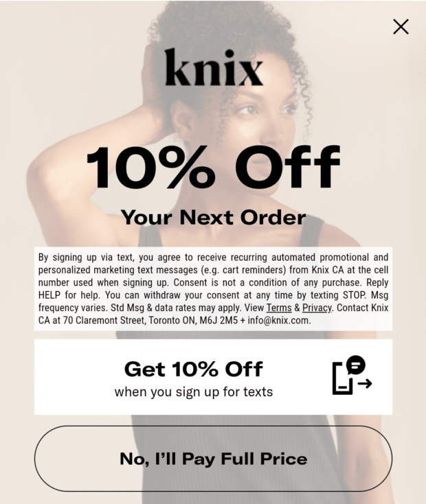 Knix 10% de descuento en suscripción de SMS para el próximo pedido