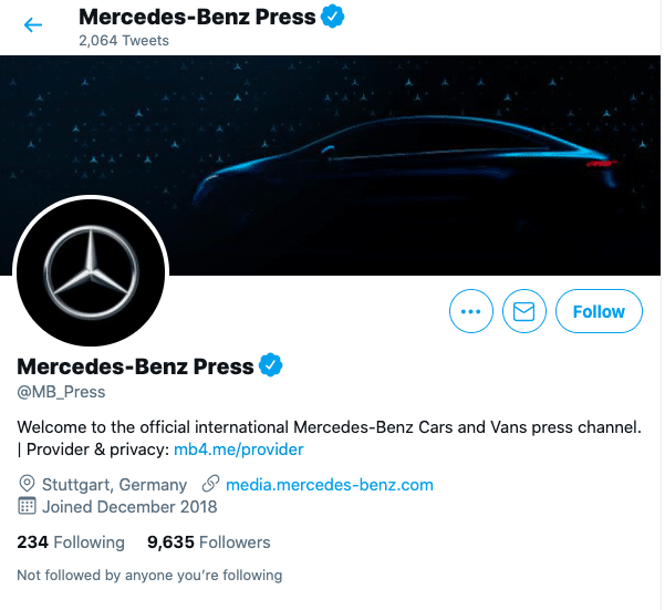 cambiar el identificador de Twitter: perfil de Twitter de Mercedes Benz Press