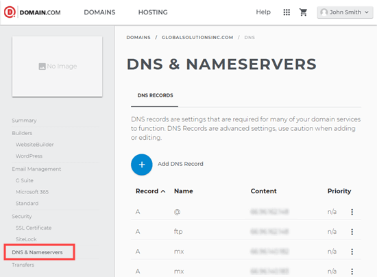 Edición de servidores de nombres DNS en Domain.com