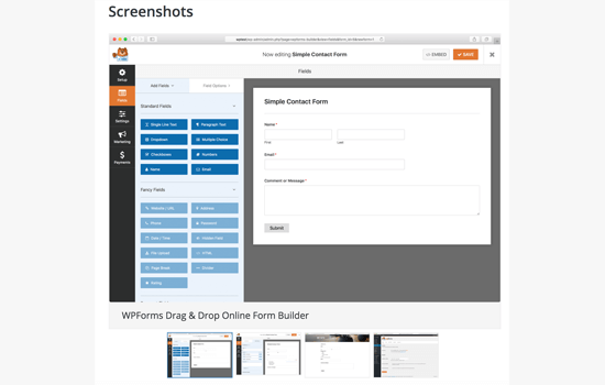 Capturas de pantalla del complemento de WordPress - WPForms