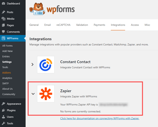Obtener la clave API de Zapier de WPForms