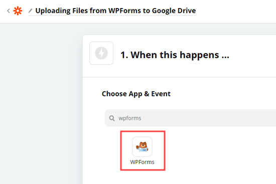 Elegir la aplicación WPForms en Zapier