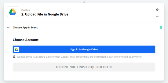 Iniciar sesión en Google Drive cuando se lo solicite Zapier