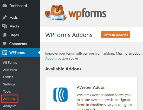 La página de complementos de WPForms en su administrador de WordPress