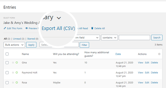 Exporte un CSV de las entradas de su formulario RSVP para producir una lista de invitados