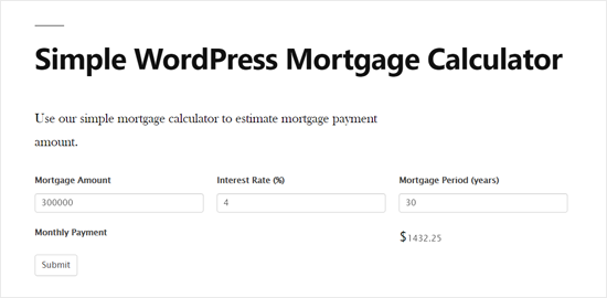 Vista previa simple de la calculadora hipotecaria de WordPress