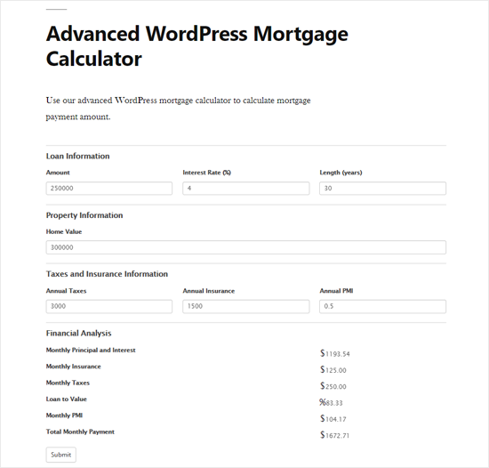 Vista previa avanzada de la calculadora de hipotecas de WordPress