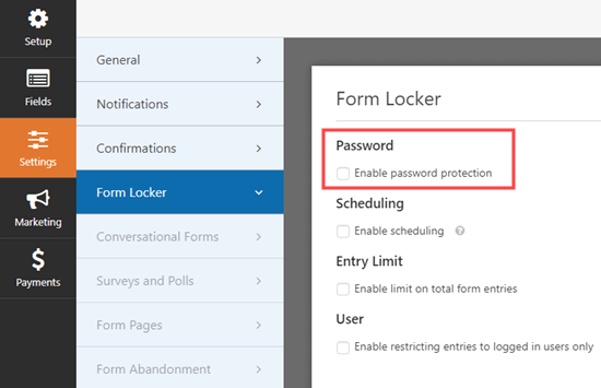 Ir a la página de configuración de Form Locker en WPForms y marcar la casilla de contraseña