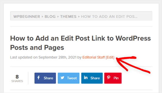 ejemplo editar enlace de publicación en el front-end de la publicación de blog de WordPress