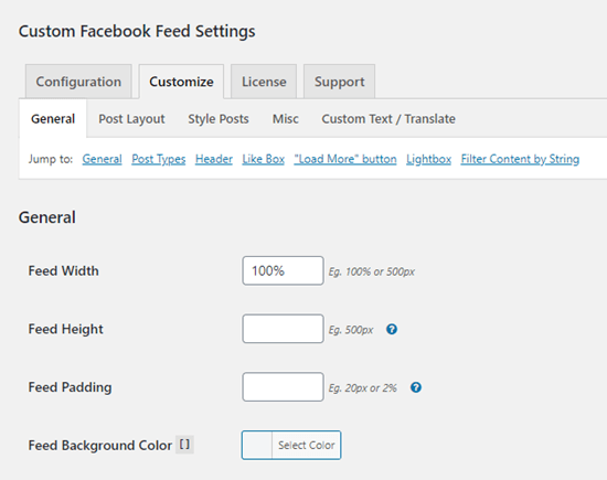 Las opciones de personalización para el complemento de feed de Facebook personalizado