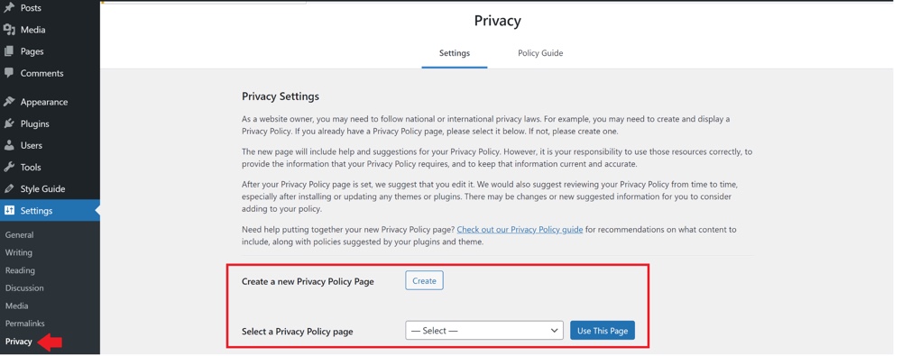 Configuración de la página de política de privacidad de WordPress