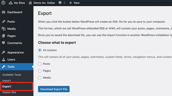 Exportación de un solo sitio desde una red multisitio de WordPress