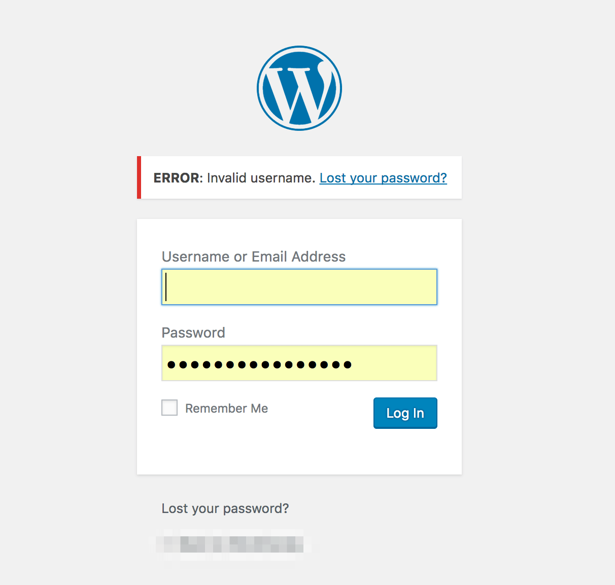 Una pantalla de inicio de sesión de WordPress que muestra un error.