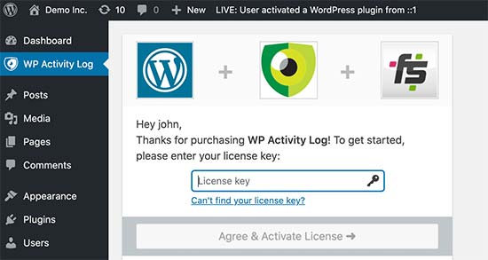 Agregar clave de licencia para el registro de actividad de WP