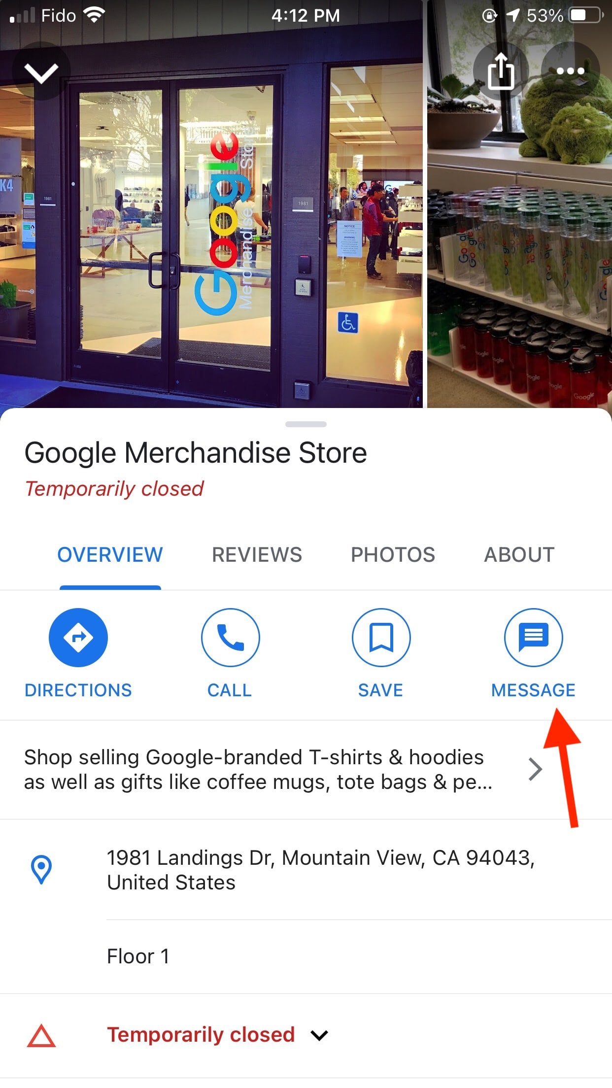Botón de mensaje de Google Merchandise Store