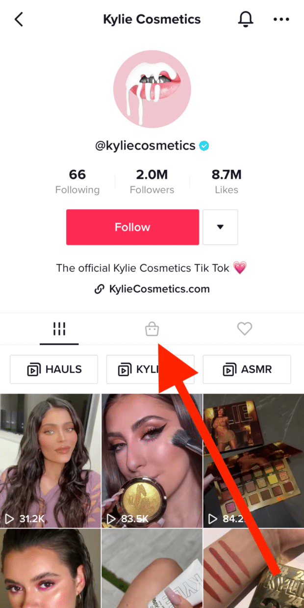 Perfil de Kylie Cosmetics en TikTok con pestaña de compras