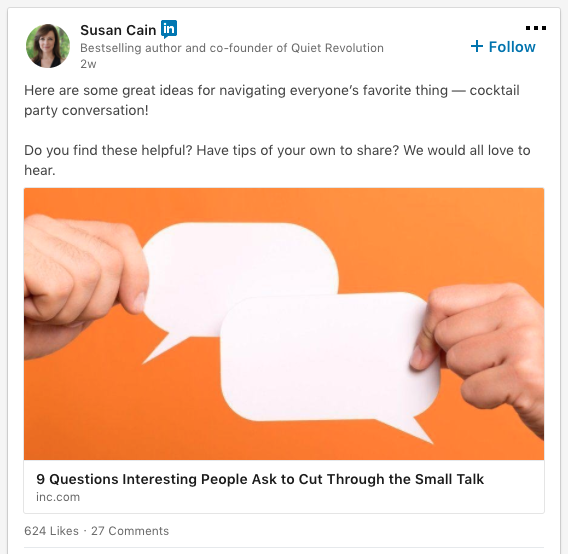 captura de pantalla de una publicación de Susan Cain en Linkedin