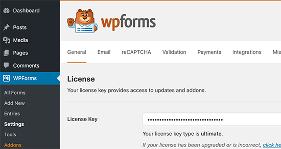 Agregar clave de licencia de WPForms