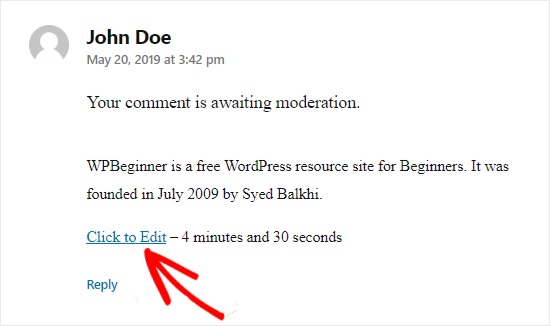 Comentario de WordPress haga clic para editar la opción
