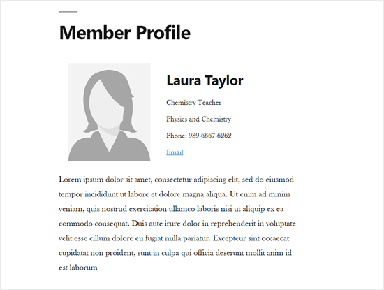 Página única del perfil del miembro del personal en WordPress